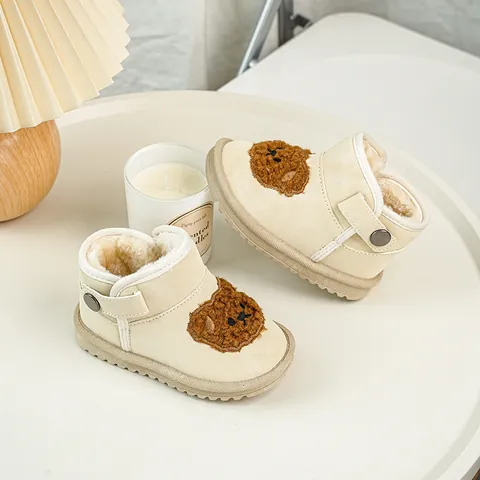 Bottes de Neige d'Hiver pour Bébé Doublure en Peluche Chaude Antidérapante Semelle Souple Chaussures de Marche Ours de Dessin Animé