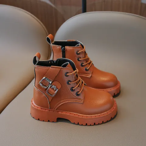 Girls Martin Boots Autumn Winter Kids Fashion PU Leather Boots Soft Sole Non Slip Children Short Boots With Side Zipper Bow Metal Buckle