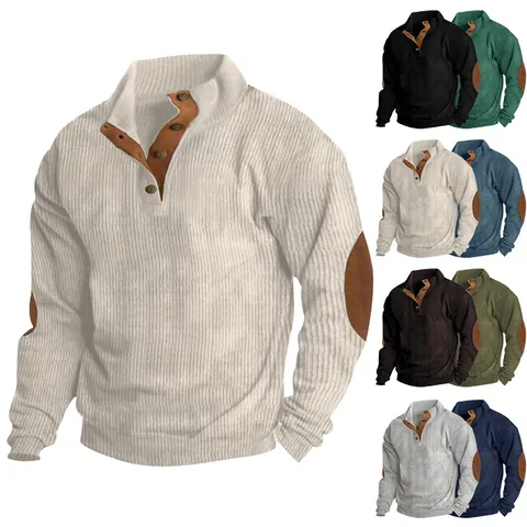 Men's Corduroy Sweatshirt Stand Collar Button Pullover With Elbow Patches Casual Outdoor Long Sleeve Top For Men