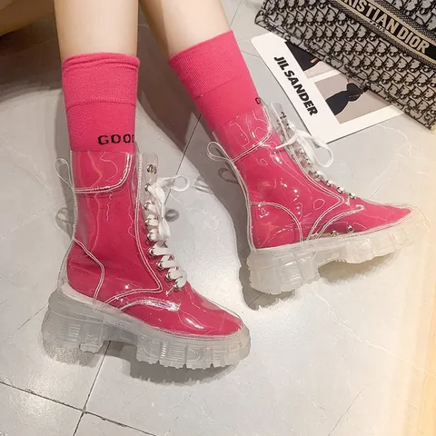 Women's Transparent PVC Martin Boots Lace-up Chunky Platform Ankle Boots PU Clear Waterproof Warm Winter Fashion Shoes