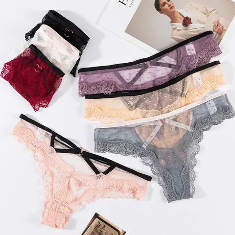 Women Sexy Lace Panties Hollow Out Polka Dot Mesh Briefs Mid Waist Breathable Lingerie Cotton Crotch Underwear For Women
