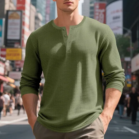 Men's Retro Henley Shirt Long Sleeve T-Shirt Casual Jacquard Check Waffle Texture Button Polyester Autumn Winter Top