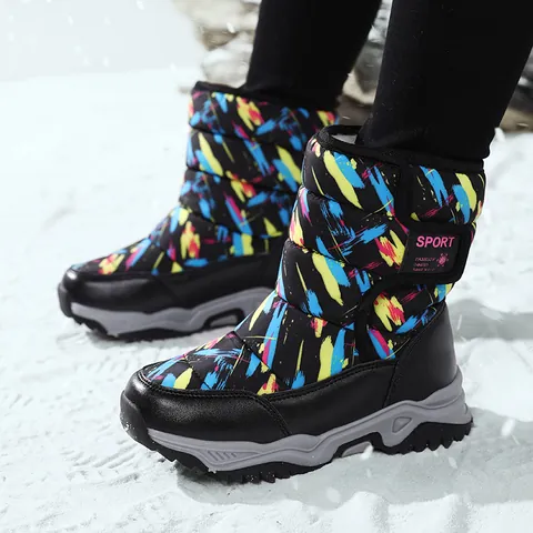Kids Winter Snow Boots High Top Waterproof Fleece Lined Outdoor Sport Shoes Graffiti Camouflage Anti-Slip Sole Boys Girls