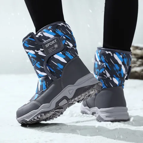 Kids Winter Snow Boots High Top Waterproof Fleece Lined Outdoor Sport Shoes Graffiti Camouflage Anti-Slip Sole Boys Girls