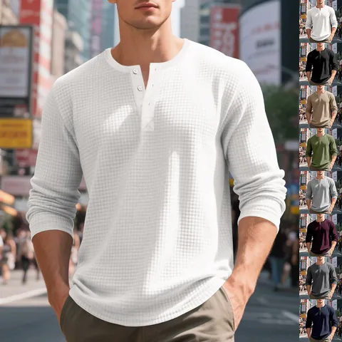 Men's Retro Henley Shirt Long Sleeve T-Shirt Casual Jacquard Check Waffle Texture Button Polyester Autumn Winter Top