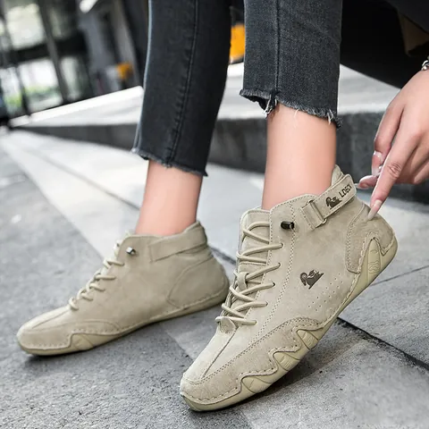 Women Genuine Leather Martin Boots High Top Fashion Casual Winter Warm Plush Short Boots Plus Size Lace Up Velcro