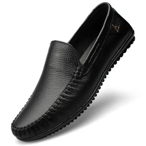 Men's Casual Genuine Cowhide Leather Loafers Comfortable Soft Sole Breathable Slip-on Shoes For Middle-Aged Elderly Father
