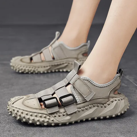 Heren Zomer Echt Runderleer Gesloten Teen Sandalen Casual Ademend Antislip Strandschoenen Verstelbare Riem Outdoor Visserssandalen