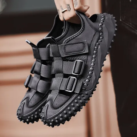 Heren Zomer Echt Runderleer Gesloten Teen Sandalen Casual Ademend Antislip Strandschoenen Verstelbare Riem Outdoor Visserssandalen