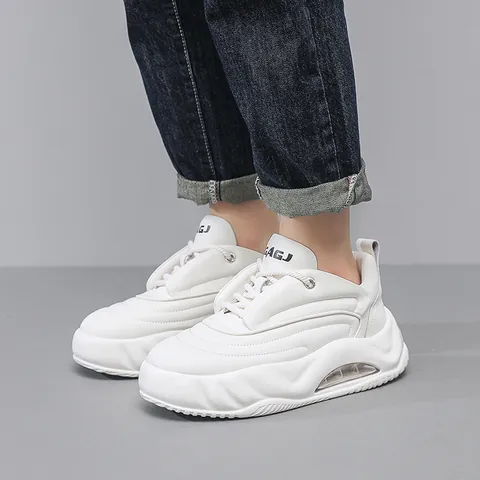 Men Trendy Cattle Hide Platform Daddy Shoes Fall Winter New Color Block Bread Shoes Height Increasing Air Cushion Sneakers
