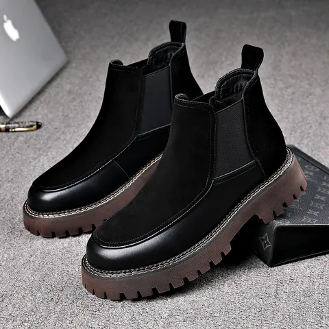 Herren Britischer Stil Chelsea Boots Leder Wildleder Patchwork Martin Stiefel Rutschfeste Dicke Sohle Fleecegefütterte Warme Winterschuhe Schwarz
