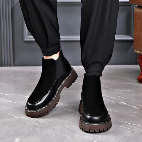 Herren Britischer Stil Chelsea Boots Leder Wildleder Patchwork Martin Stiefel Rutschfeste Dicke Sohle Fleecegefütterte Warme Winterschuhe Schwarz
