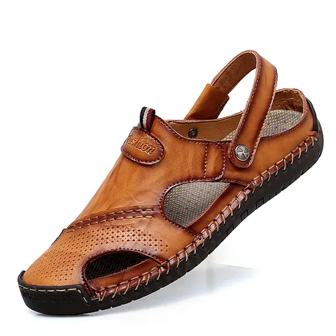 Sandalias de Cuero Genuino para Hombre Verano Casual Transpirable Zapatos de Playa Punta Cerrada Sandalias de Pescador Cosidas a Mano Antideslizante Suela Blanda Mules para Hombre