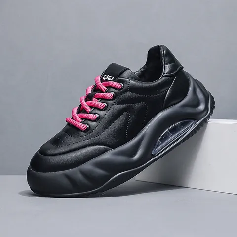 Men Chunky Dad Shoes Thick Sole Air Cushion Sneakers Cowhide Leather Casual Bread Shoes 2023 Autumn Winter Walking Shoes