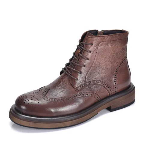 Men's British Style Genuine Leather Martin Boots Brogue Carving High Top Work Boots Heightening Anti-Slip Soft Sole Boots