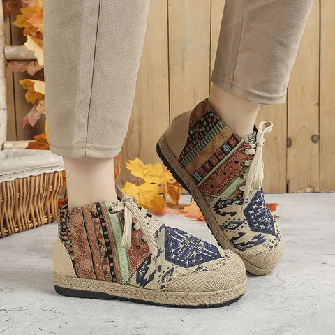 Women Ethnic Style High Top Canvas Shoes Retro Totem Pattern Platform Round Toe Lace Up Casual Sneakers