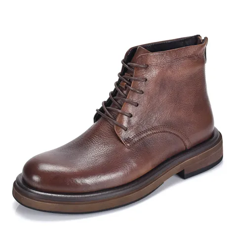 Men Genuine Leather Martin Boots Vintage High Top Lace Up Boots Thick Sole Round Toe Fashion Casual Outdoor Leather Boots
