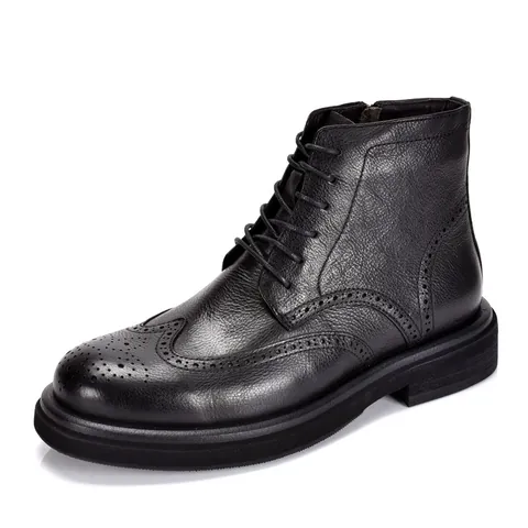 Men's British Style Genuine Leather Martin Boots Brogue Carving High Top Work Boots Heightening Anti-Slip Soft Sole Boots