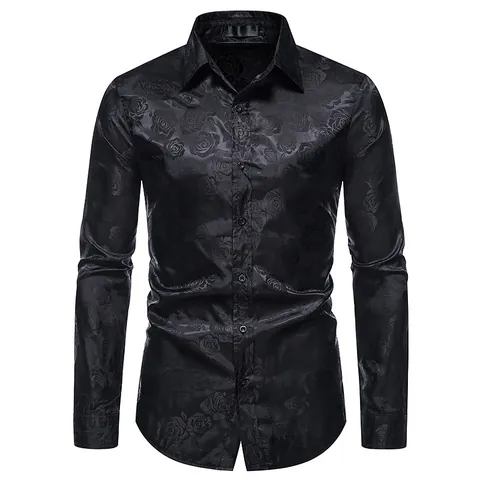 Chemise Homme Manches Longues Imprimé Rose Jacquard Business Décontracté Boutonné Haut Polyester Fini Satiné Vintage Chemise de Fête