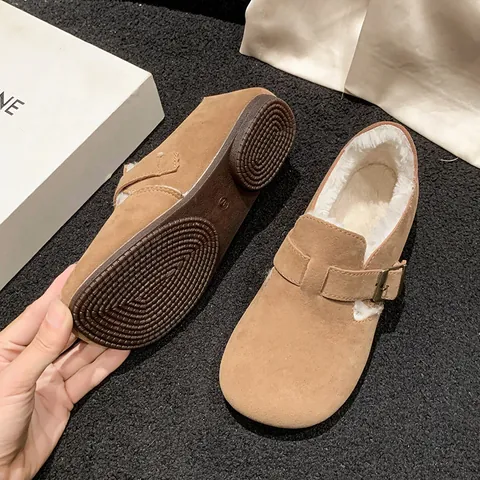 Sabots Rétro Minimalistes en Suède pour Femmes Avec Doublure en Fourrure Artificielle Bout Rond Chaussons Plats Hiver Chaud Boucle en Métal Chaussures Style Birkenstock