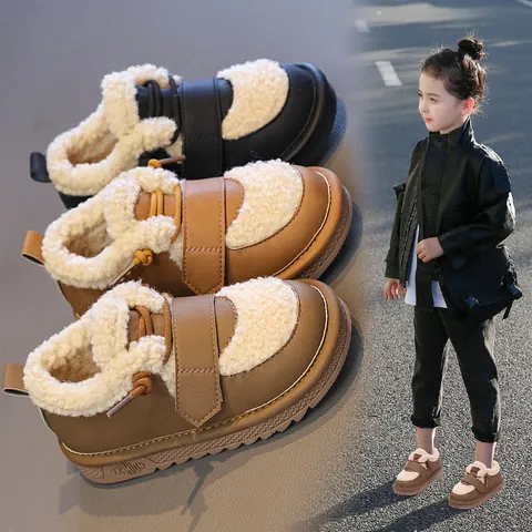 Kids Winter Snow Boots Fleece Lined Warm Color Block Splicing Synthetic Leather Outdoor Shoes For Boys Girls Toddler