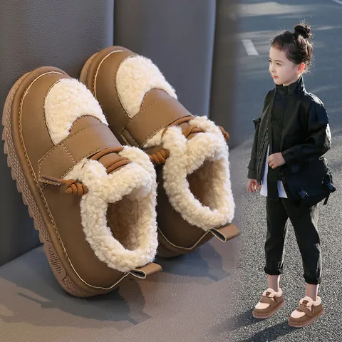 Kids Winter Snow Boots Fleece Lined Warm Color Block Splicing Synthetic Leather Outdoor Shoes For Boys Girls Toddler