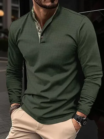 Men's Waffle Knit Long Sleeve T-Shirt Casual Slim Fit Henley Neck Stand Collar Solid Color Autumn Winter Top