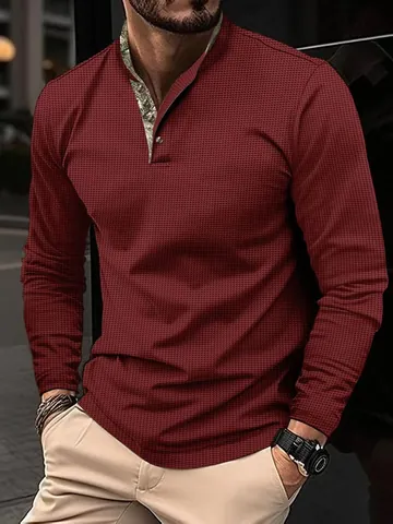 Men's Waffle Knit Long Sleeve T-Shirt Casual Slim Fit Henley Neck Stand Collar Solid Color Autumn Winter Top