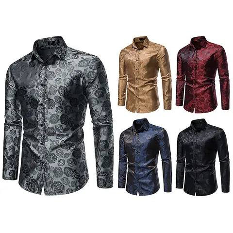 Chemise Homme Manches Longues Imprimé Rose Jacquard Business Décontracté Boutonné Haut Polyester Fini Satiné Vintage Chemise de Fête
