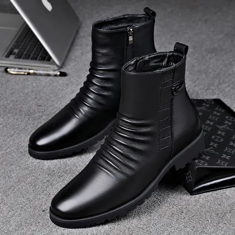 Herren Rindsleder High-top Martin Boots Lässig Business Mode Seitlicher Reißverschluss Warmes Fleecefutter Rutschfeste Gummisohle Stiefel