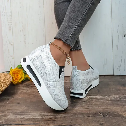 Women Platform Sneakers Internal Wedge Height Increasing Thick Sole Casual Shoes Fashion Round Toe Denim Snake Pattern Slip On Walking Shoes