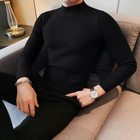 Camiseta de Manga Larga con Cuello Alto para Hombre Ajuste Entallado Punto de Ondulación de Agua Top Casual