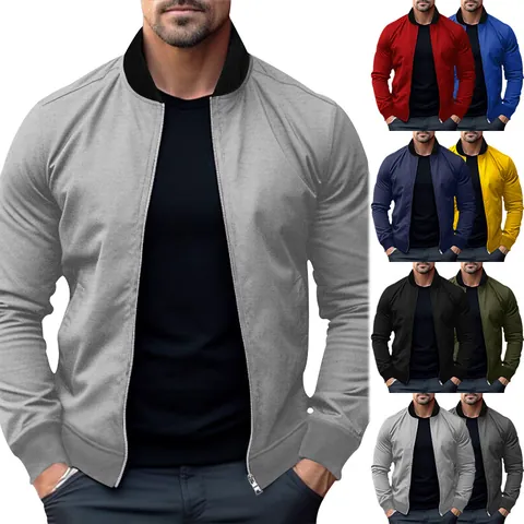 Men's Stand Collar Zipper Sweatshirt Jacket Casual Solid Color Long Sleeve Bomber Style Top For Autumn Winter