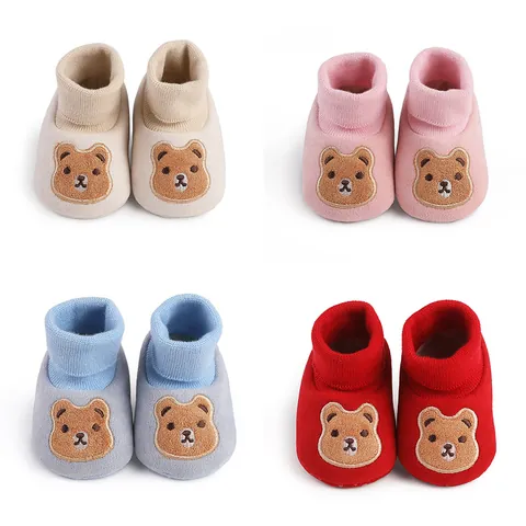 Baby First Walkers Winter Warm Cotton Shoes 0-1 Year Old Infant Soft Sole Anti-Slip Boots With Bear Embroidery Christmas Gift