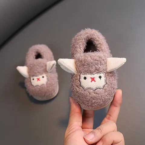 Zapatos de Caminar de Invierno para Niños Pequeños Forrados de Felpa Pantuflas de Algodón Cálidas Suela Blanda Oveja de Dibujos Animados