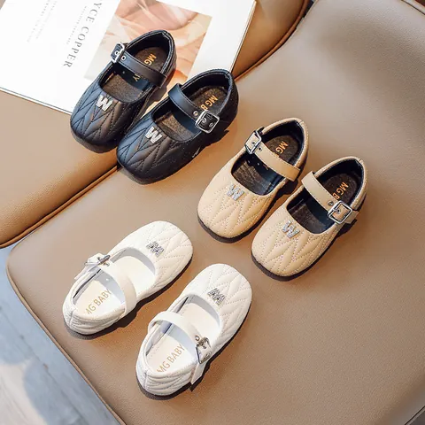 Girls Mary Jane Shoes Quilted Rhinestone Letter Princess Flats Soft Sole Comfortable Breathable PU Leather Children Shoes For Performance Everyday