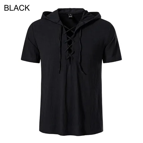 Men Casual Linen T-Shirt Hooded Short Sleeve Lace-up V-Neck Breathable Chinese Style Solid Color Loose Fit Summer Top