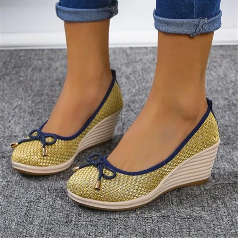 Dames Wedge Hakken Canvas Geruit Geweven Peep Toe Platform Slip On Loafers Strik Decor Casual Schoenen Grote Maten