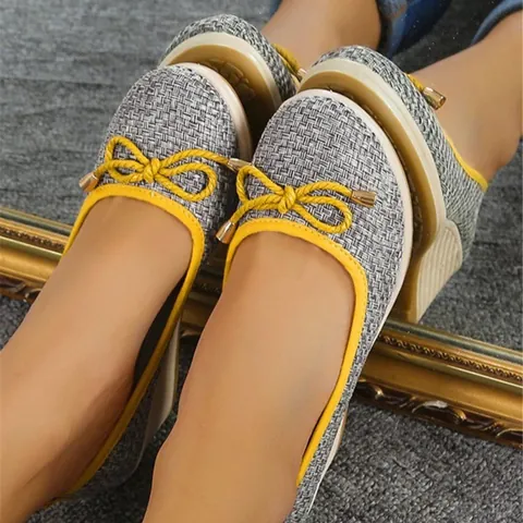Dames Wedge Hakken Canvas Geruit Geweven Peep Toe Platform Slip On Loafers Strik Decor Casual Schoenen Grote Maten