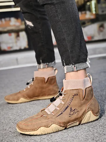 Men Fashion Mid-Top Martin Boots Casual Outdoor Sock Cuff Shoes With Octopus Anti-Slip Rubber Sole Retro Work Boots For Men