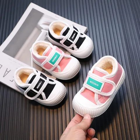 Kinder Segeltuch Sneaker Mit Vliesfutter Warme Winter Kleinkinder Halbschuhe Rosa Schwarz Rutschfeste Gummisohle Klettverschluss