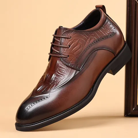 Zapatos Oxford de Negocios para Hombre Cuero de Vaca de Primera Capa Estilo Británico Brogue Con Aumento de Altura Relieve de Cocodrilo para Viaje Diario