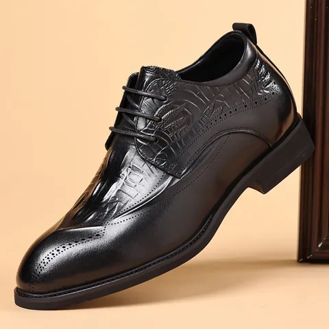 Zapatos Oxford de Negocios para Hombre Cuero de Vaca de Primera Capa Estilo Británico Brogue Con Aumento de Altura Relieve de Cocodrilo para Viaje Diario