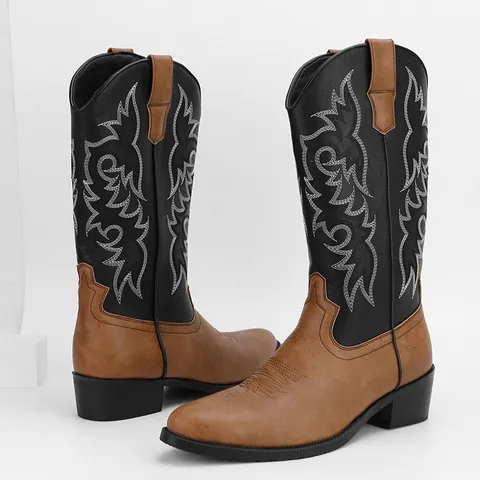 Men's Vintage Western Cowboy Boots Embroidered Pointed Toe High Top PU Leather Boots For Men Outdoor Fashion Boots