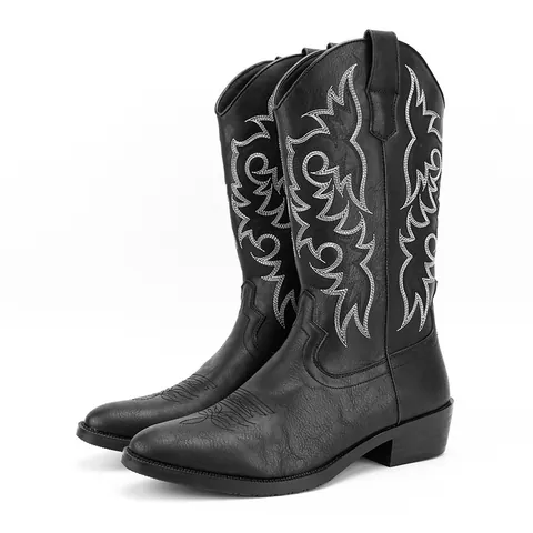 Men's Vintage Western Cowboy Boots Embroidered Pointed Toe High Top PU Leather Boots For Men Outdoor Fashion Boots