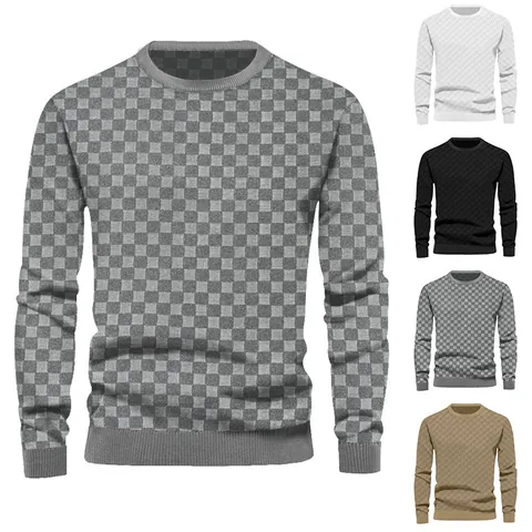 Men's Heavyweight Checkerboard Jacquard Knit Sweater Crew Neck Long Sleeve Casual Pullover Top For Autumn Winter
