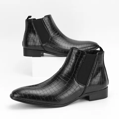 Men Chelsea Boots British Style Faux Leather Crocodile Pattern Pointed Toe Ankle Boots Fashion Casual Slip On Short Boots