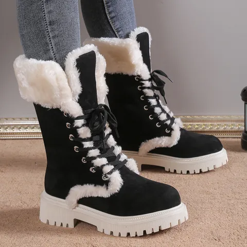 Women Winter Snow Boots Lace Up Furry Trim Warm Plush Lined Mid Calf Boots Platform Chunky Heel Anti Slip Outdoor Casual Boots