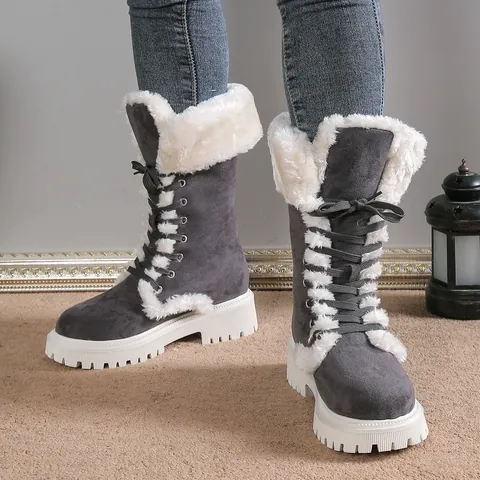Women Winter Snow Boots Lace Up Furry Trim Warm Plush Lined Mid Calf Boots Platform Chunky Heel Anti Slip Outdoor Casual Boots