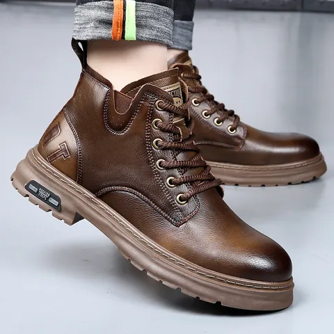Bottes Martin en Croûte de Cuir Vintage pour Hommes Style Britannique Bottes de Travail Fermeture Éclair Latérale Semelle en Caoutchouc Hiver Chaud